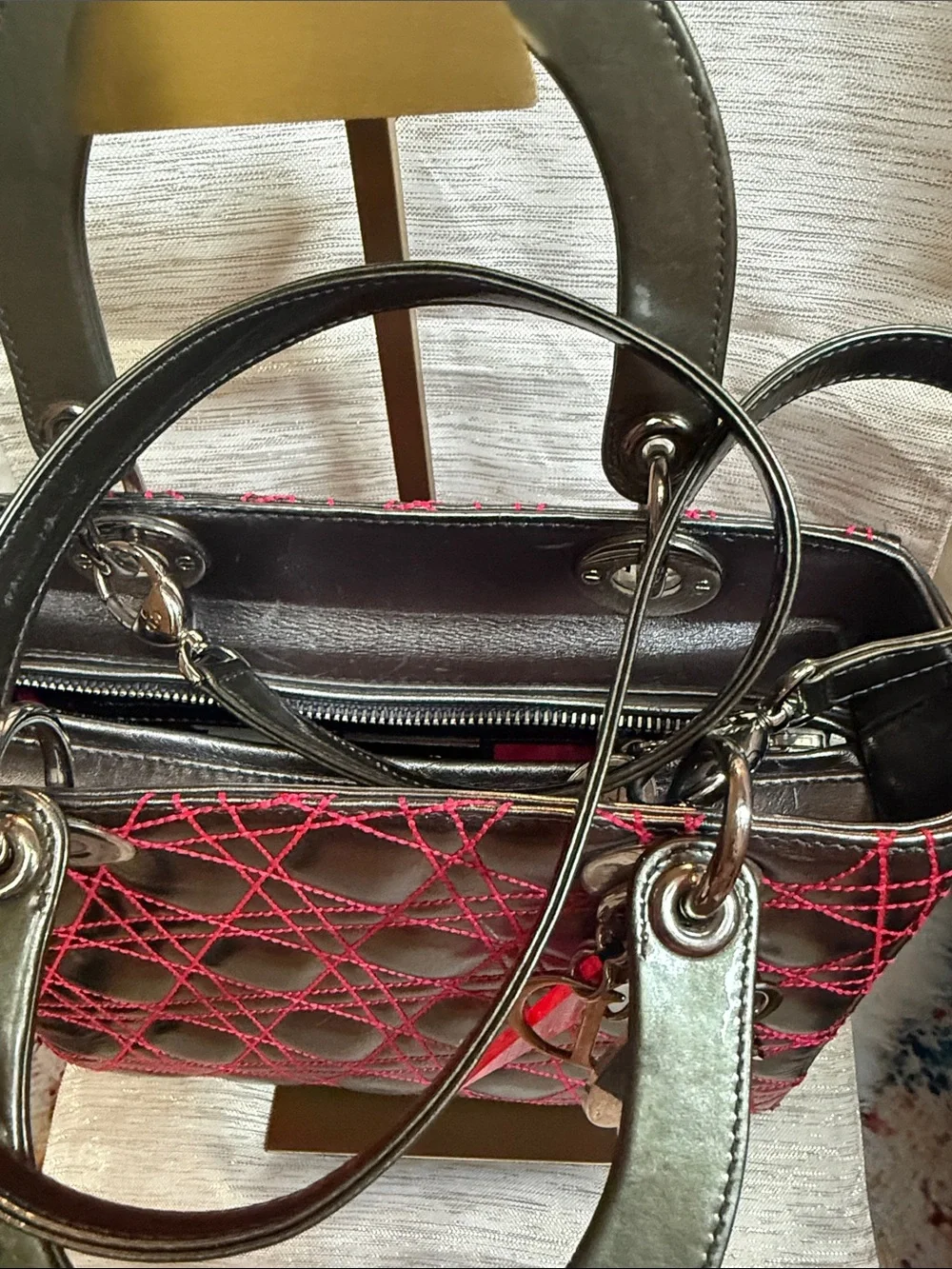Dior Silver Grey Quilted Leather Satchel with Hot Pink Stitching & Charms